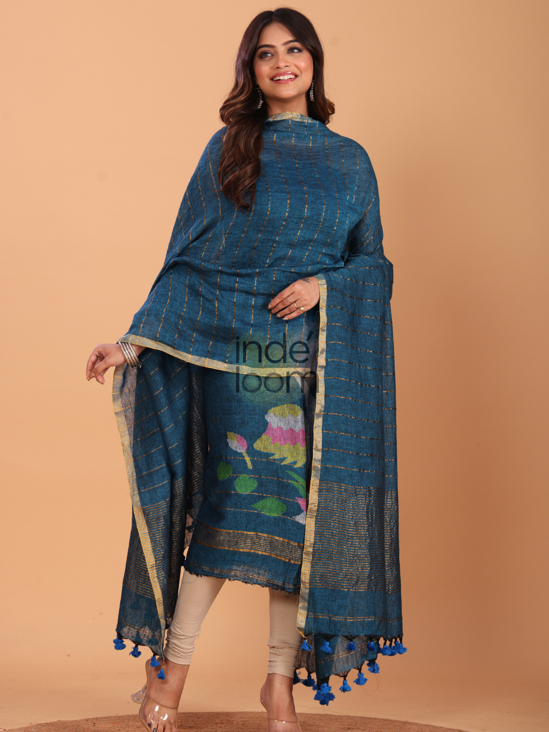 Classic Blue Linen Jamdani 2-Piece Set Kurti & Dupatta (UNSTITCHED) - 074