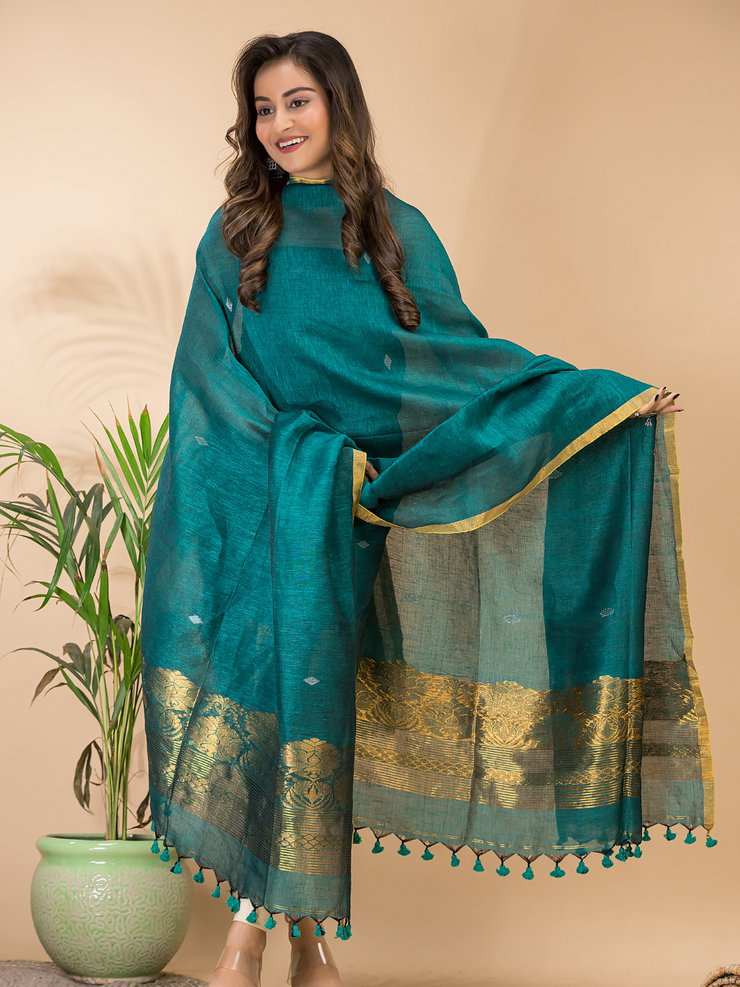 Teal Green | Handloom Jamdani Linen Unstitched 2-Piece Kurti