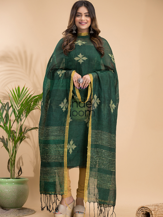 Pine Green Linen X Linen 2-Piece Set Kurti & Dupatta (UNSTITCHED) - 020