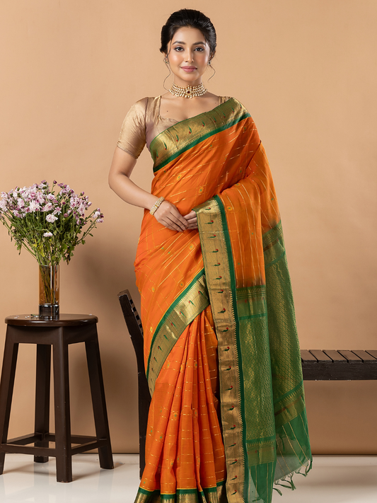 Handloom Korvai Silk Cotton Saree | Bright Orange