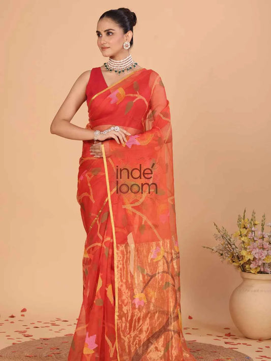 Handwoven Pure Jamdani Muslin Saree  |  Classic Red