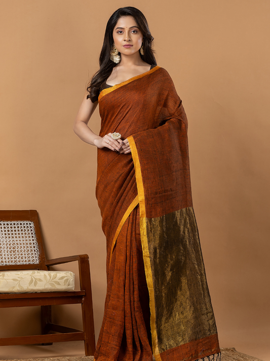 Pure Handloom Linen Saree | Rust Brown