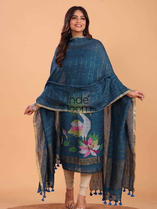 Classic Blue Linen Jamdani 2-Piece Set Kurti & Dupatta (UNSTITCHED) - 074