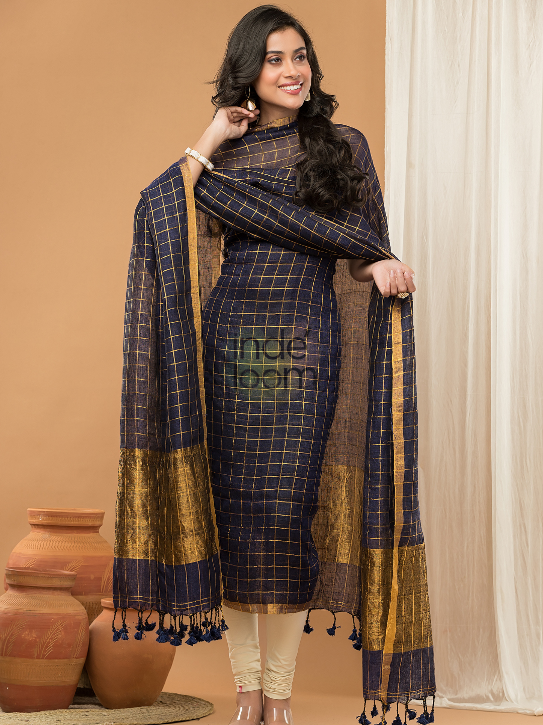 Blue with Golden color Jamdani 2-Piece Set Kurti & Dupatta (UNSTITCHED) - 156