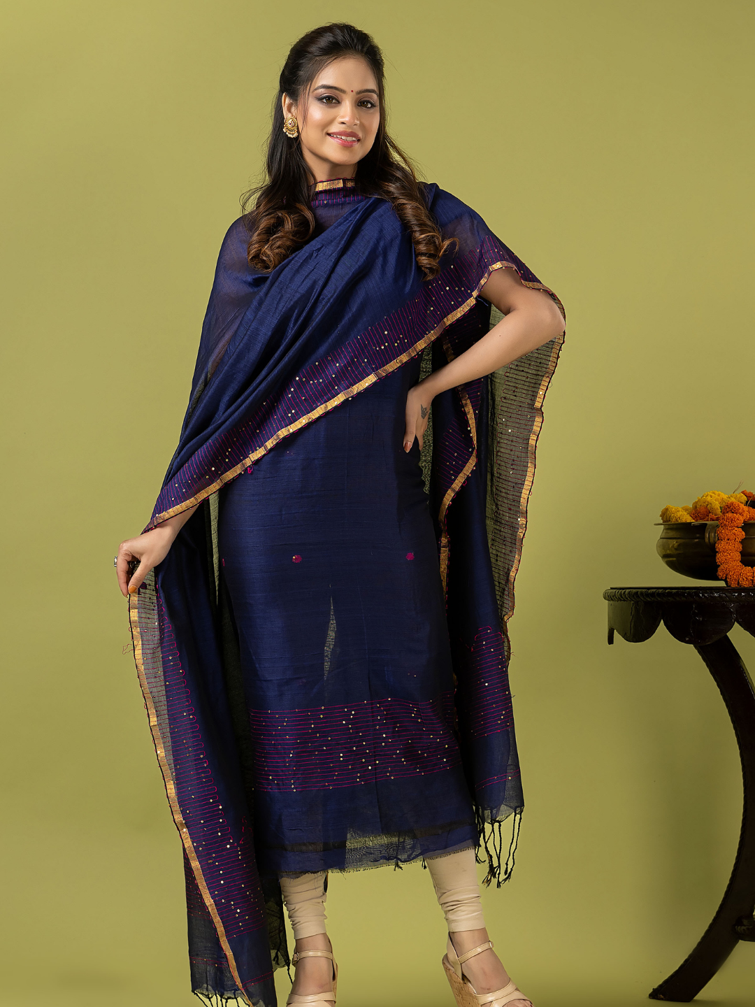 Handwoven Jamdani cotton Unstitched 2-piece Kurti | Deep Navy Blue