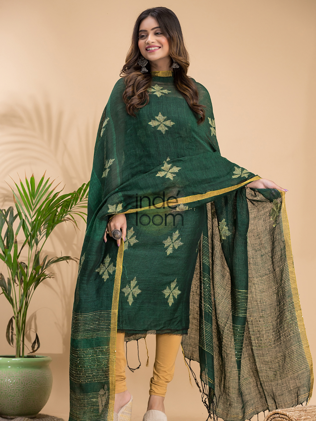 Pine Green Linen X Linen 2-Piece Set Kurti & Dupatta (UNSTITCHED) - 020