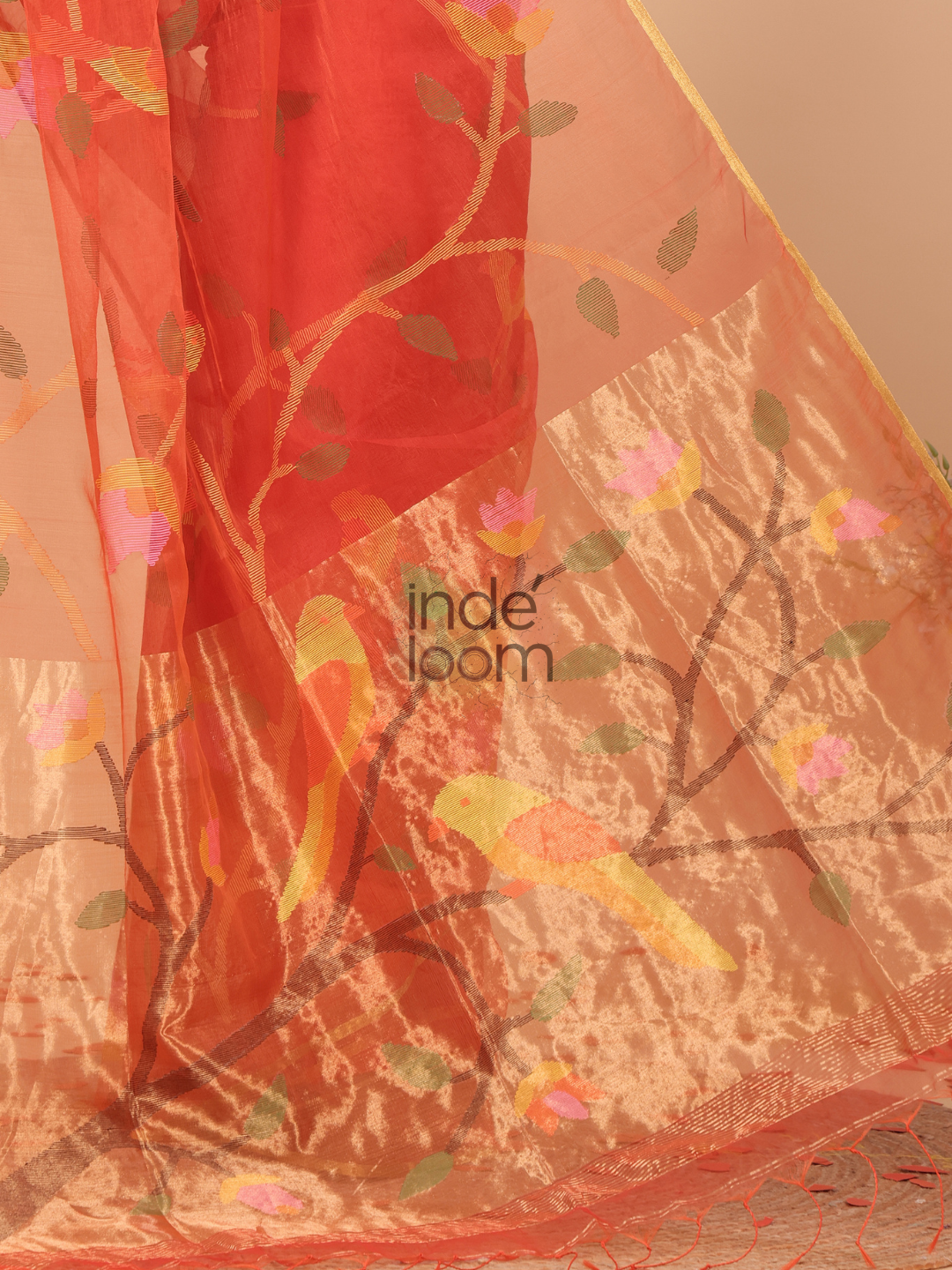 Muslin Tissue Jamdani Saree With Imperial Red - 127