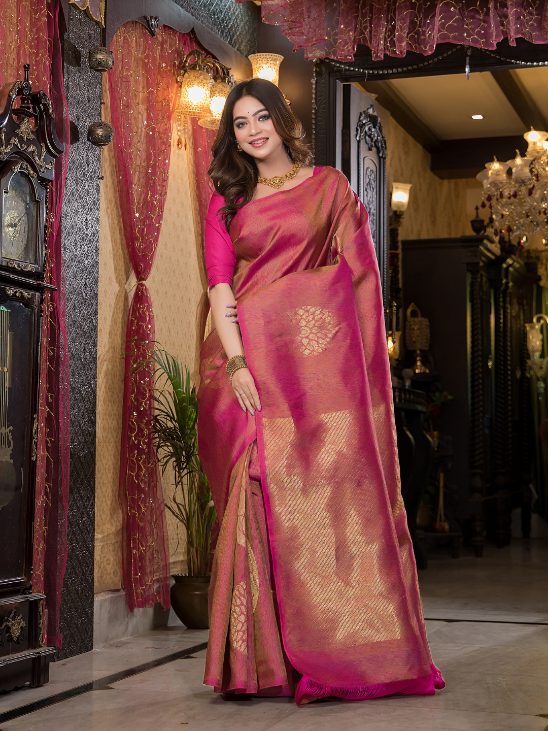 Pushpi  -  Rose pink silk with delicate mayura chakra motifs