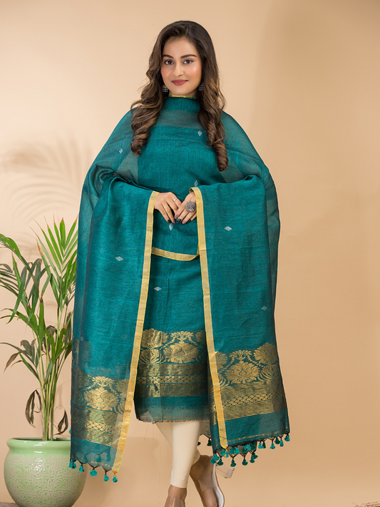 Handwoven Jamdani Cotton Linen Unstitched 2-piece Kurti  |  Peacock Teal