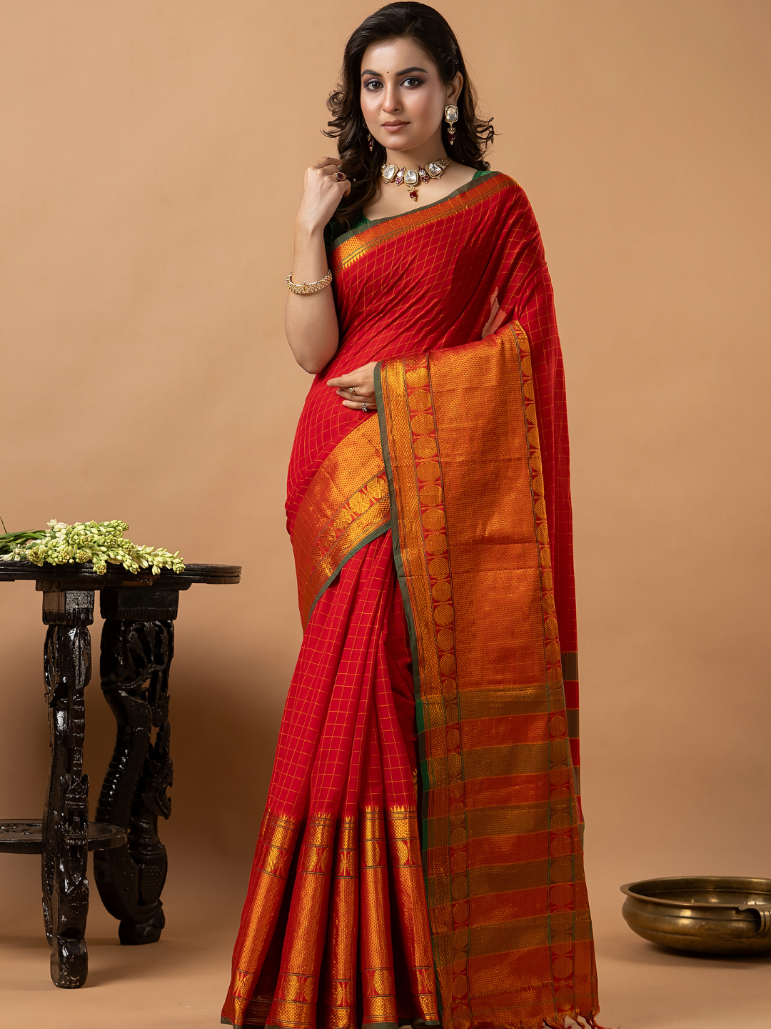 Traditional Narayanpet Cotton Saree | Classic Red