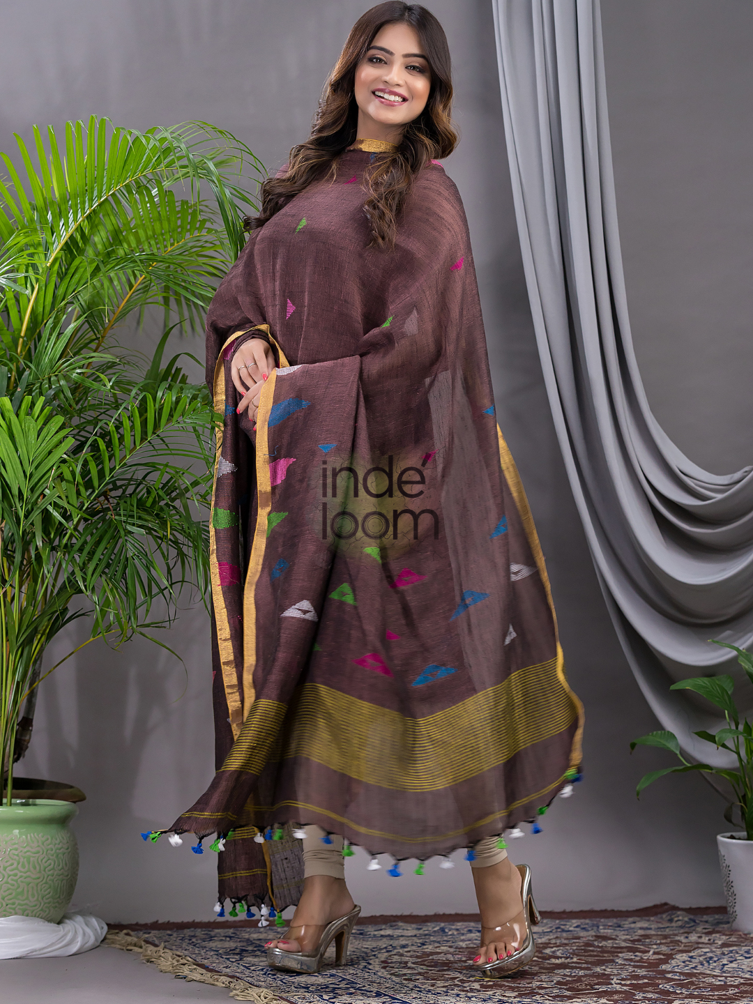 Deep Brown Linen X Linen 2-Piece Set Kurti & Dupatta (UNSTITCHED) - 119