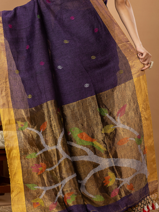Handwoven Jamdani Linen Saree | Deep Purple