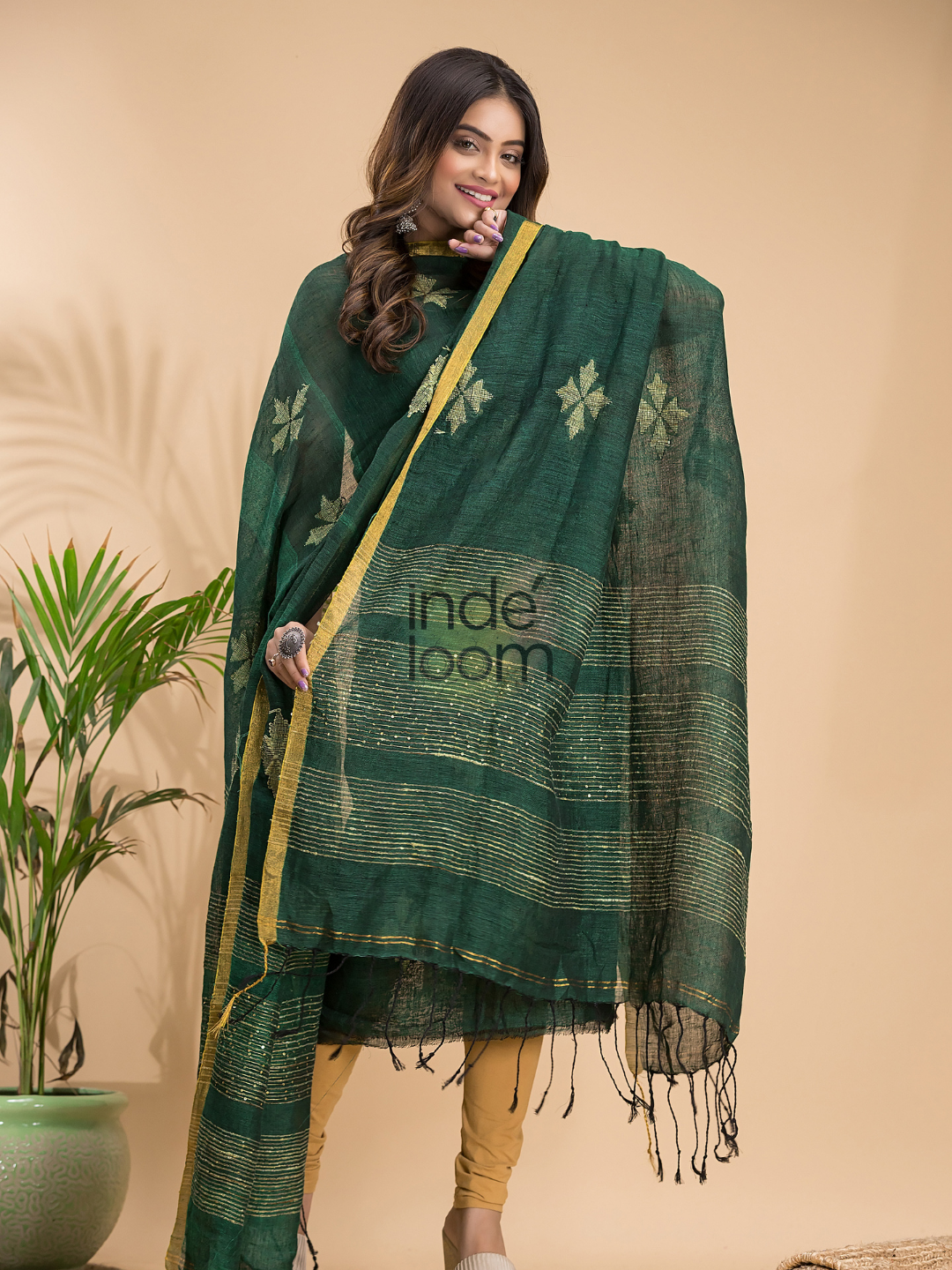 Pine Green Linen X Linen 2-Piece Set Kurti & Dupatta (UNSTITCHED) - 020