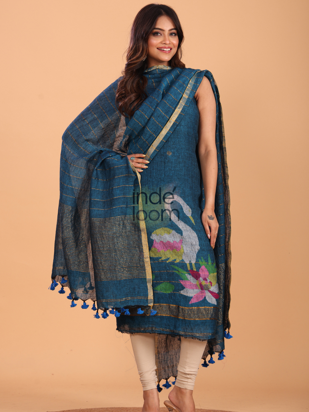 Classic Blue Linen Jamdani 2-Piece Set Kurti & Dupatta (UNSTITCHED) - 074
