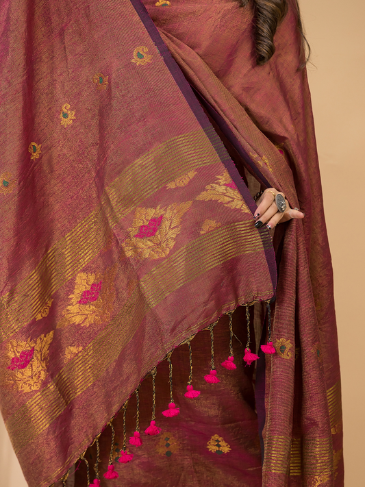 Red Brown Tissue Linen 2-Piece Set Kurti & Dupatta (UNSTITCHED) - 115