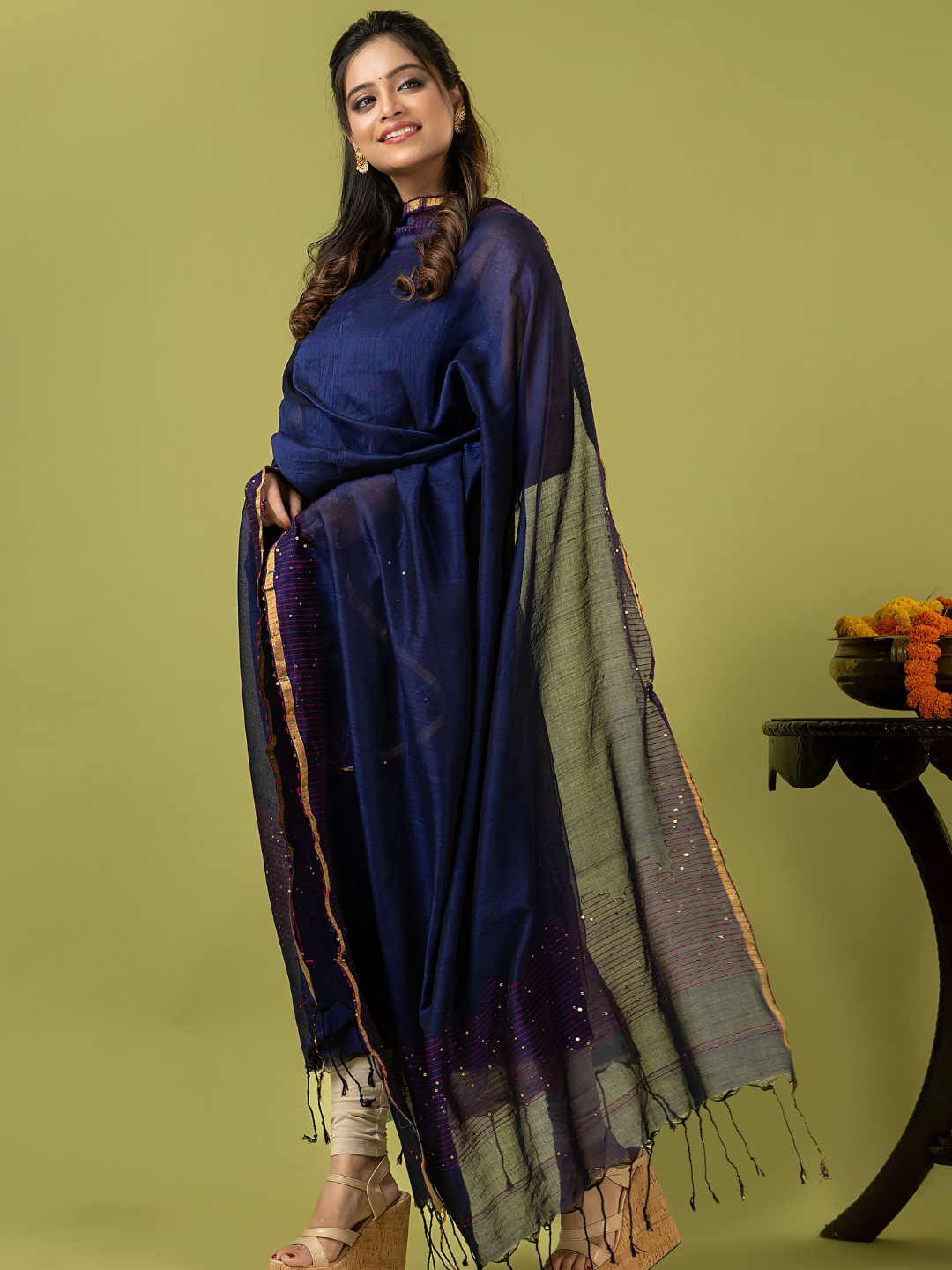 Handwoven Jamdani cotton Unstitched 2-piece Kurti | Deep Navy Blue