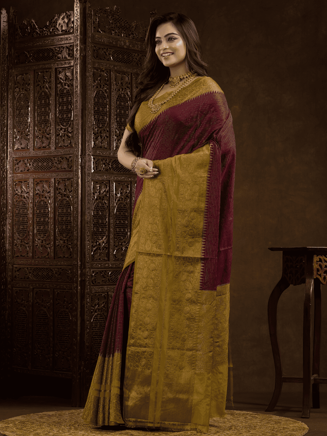 Marron Cotton Silk Saree - 008 - indeloom