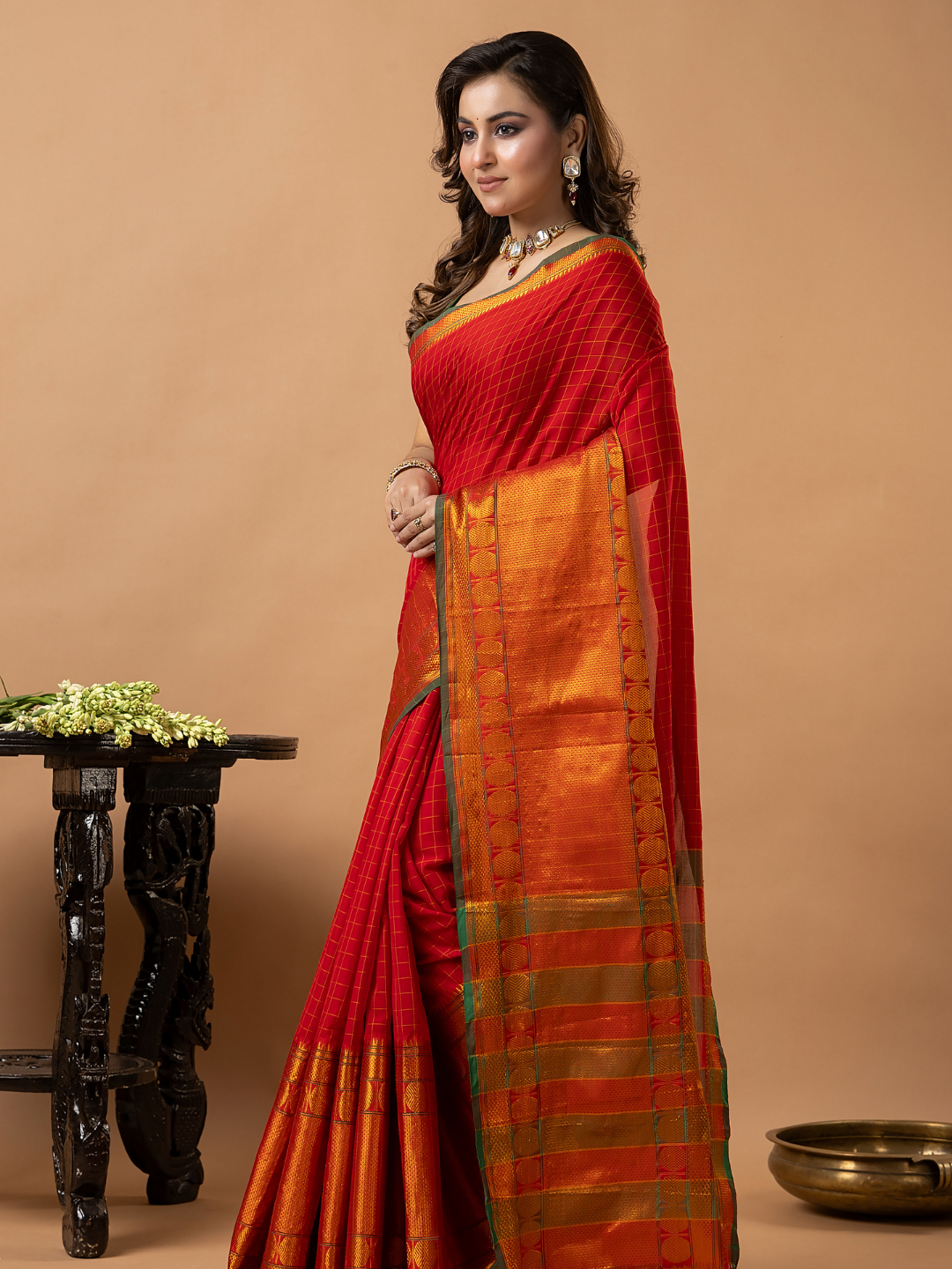 Traditional Narayanpet Cotton Saree | Classic Red