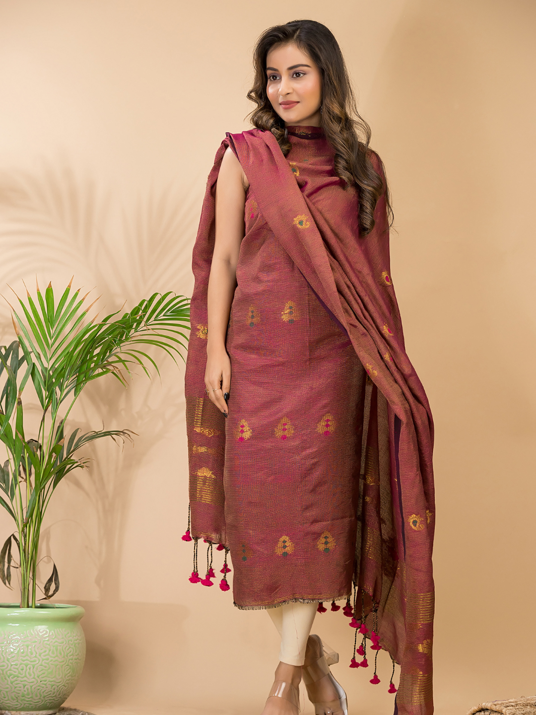 Dusty Brick | Handloom Jamdani Linen Unstitched 2-Piece Kurti | Benaras Design