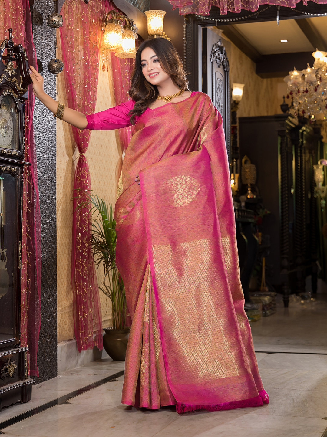 Pushpi  -  Rose pink silk with delicate mayura chakra motifs
