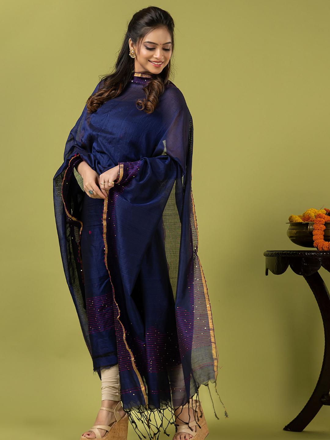 Handwoven Jamdani cotton Unstitched 2-piece Kurti | Deep Navy Blue