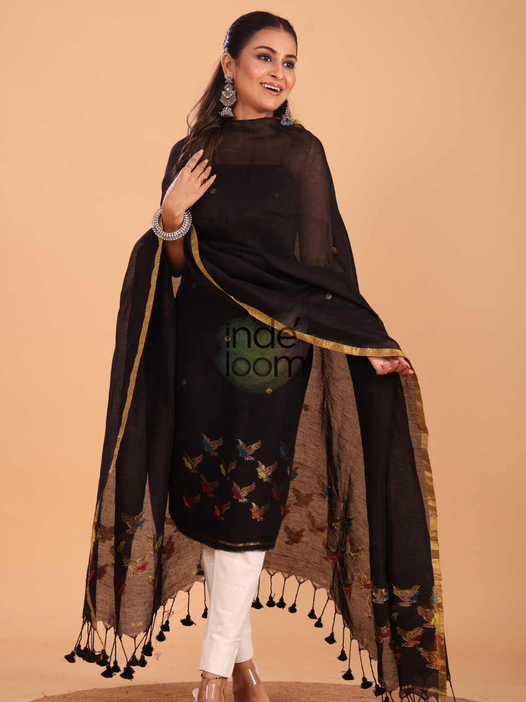 True Black Cotton Linen Jamdani 2-Piece Set Kurti & Dupatta (UNSTITCHED) - 061