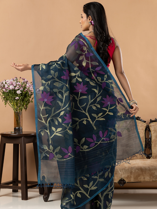 Handwoven Jamdani Muslin Saree | Deep Teal Charcoal