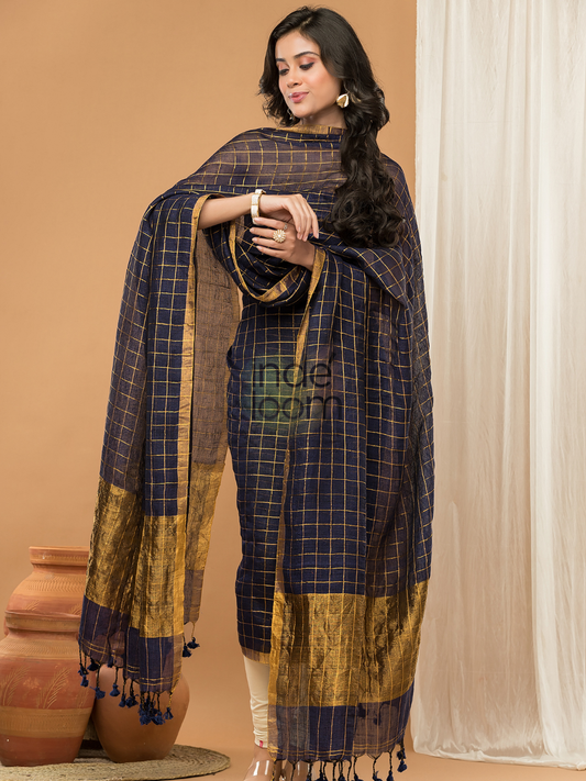 Navy Blue Linen Jamdani 2-Piece Set Kurti & Dupatta (UNSTITCHED) - 156
