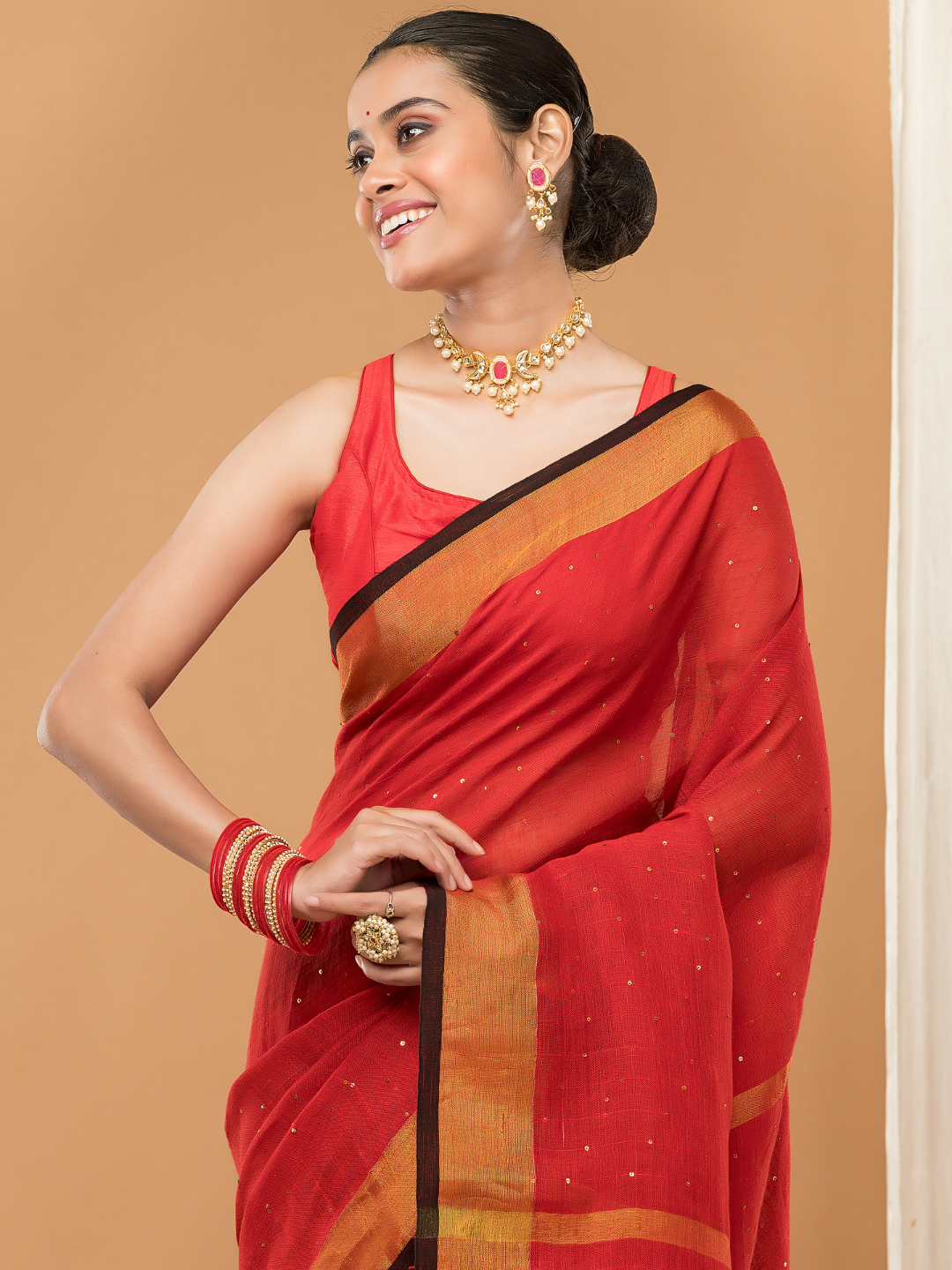 Linen Sequin Jamdani Saree With Apple Red-003