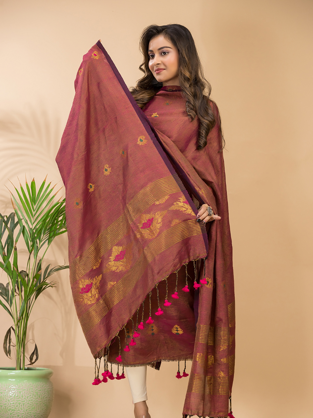 Dusty Brick | Handloom Jamdani Linen Unstitched 2-Piece Kurti | Benaras Design