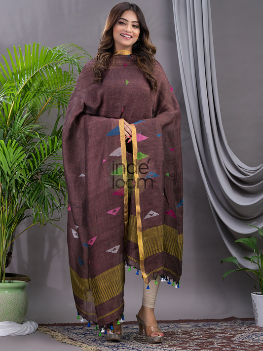 Deep Brown Linen X Linen 2-Piece Set Kurti & Dupatta (UNSTITCHED) - 119