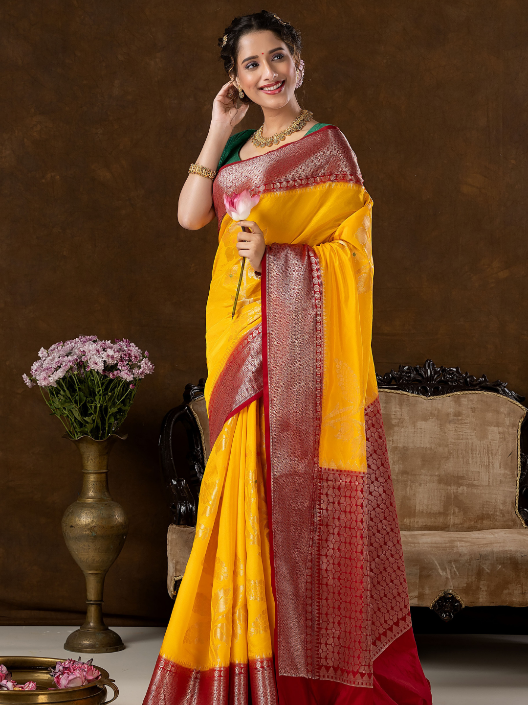 Classic Benarasi Katan Semi Silk Saree | Mustard Yellow