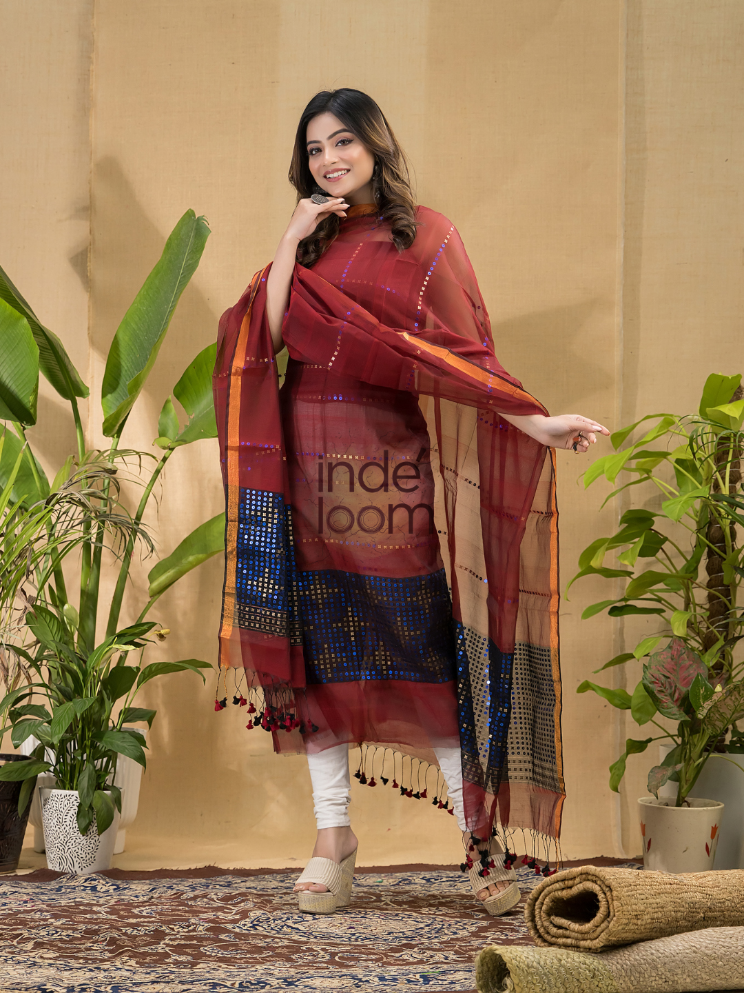 Wine Red Sequin Jamdani 2-Piece Set Kurti & Dupatta (UNSTITCHED) -722