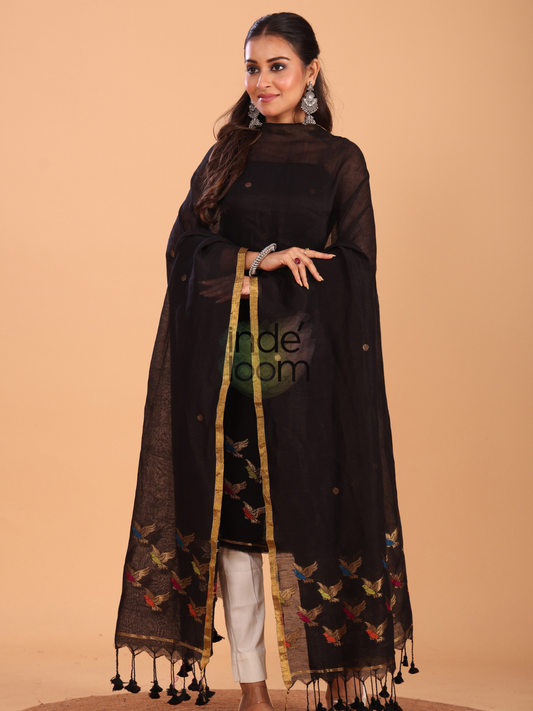 True Black Cotton Linen Jamdani 2-Piece Set Kurti & Dupatta (UNSTITCHED) - 061