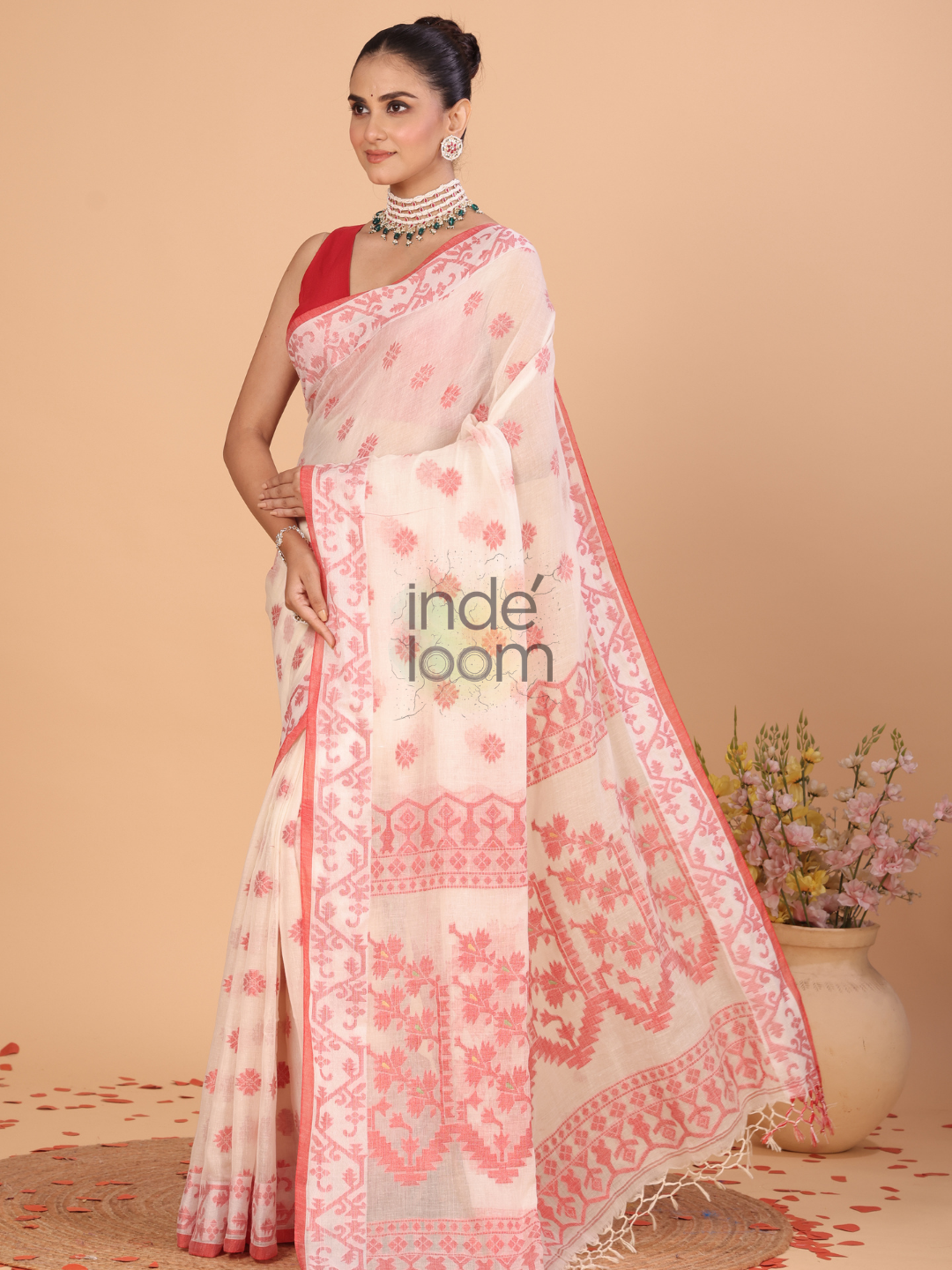 Lal Par Cotton Saree With Cream White - 128
