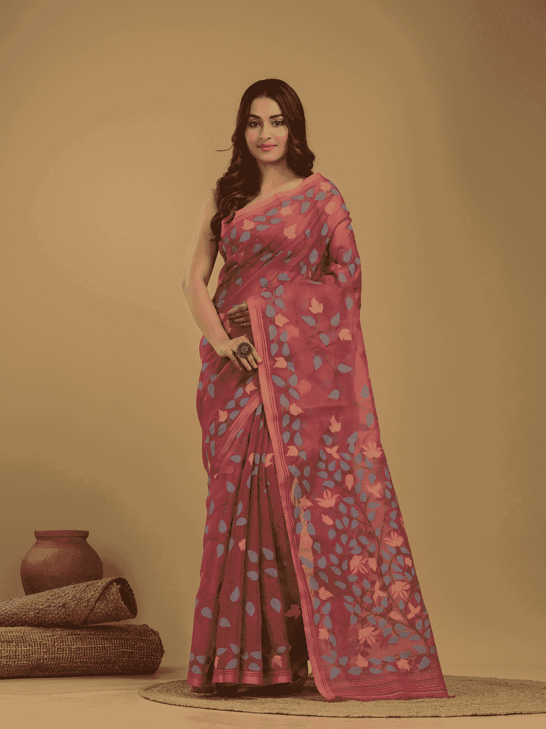Muslin Jamdani Saree With Pastel Red - 020