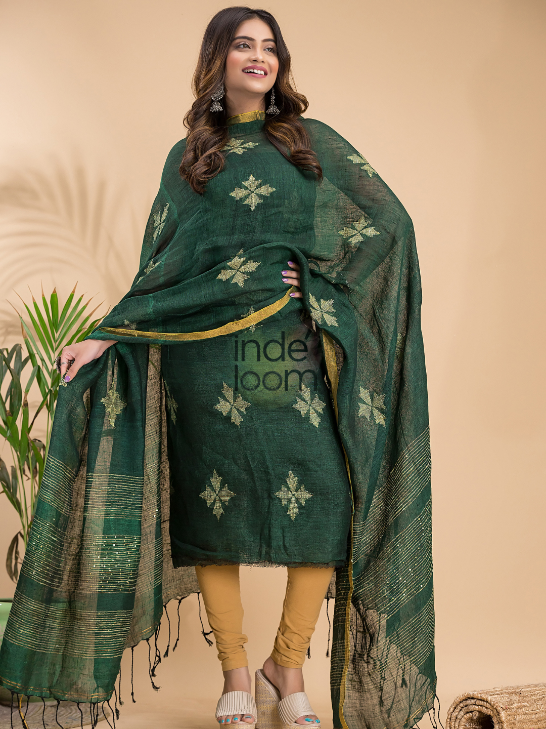 Pine Green Linen X Linen 2-Piece Set Kurti & Dupatta (UNSTITCHED) - 020