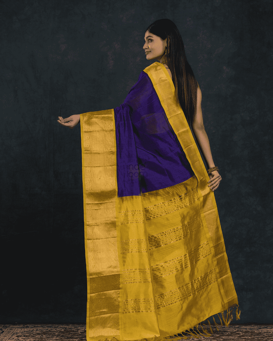 Pure handloom Korvai Silk Cotton Saree in Navy Blue and Golden Yellow Border - 110