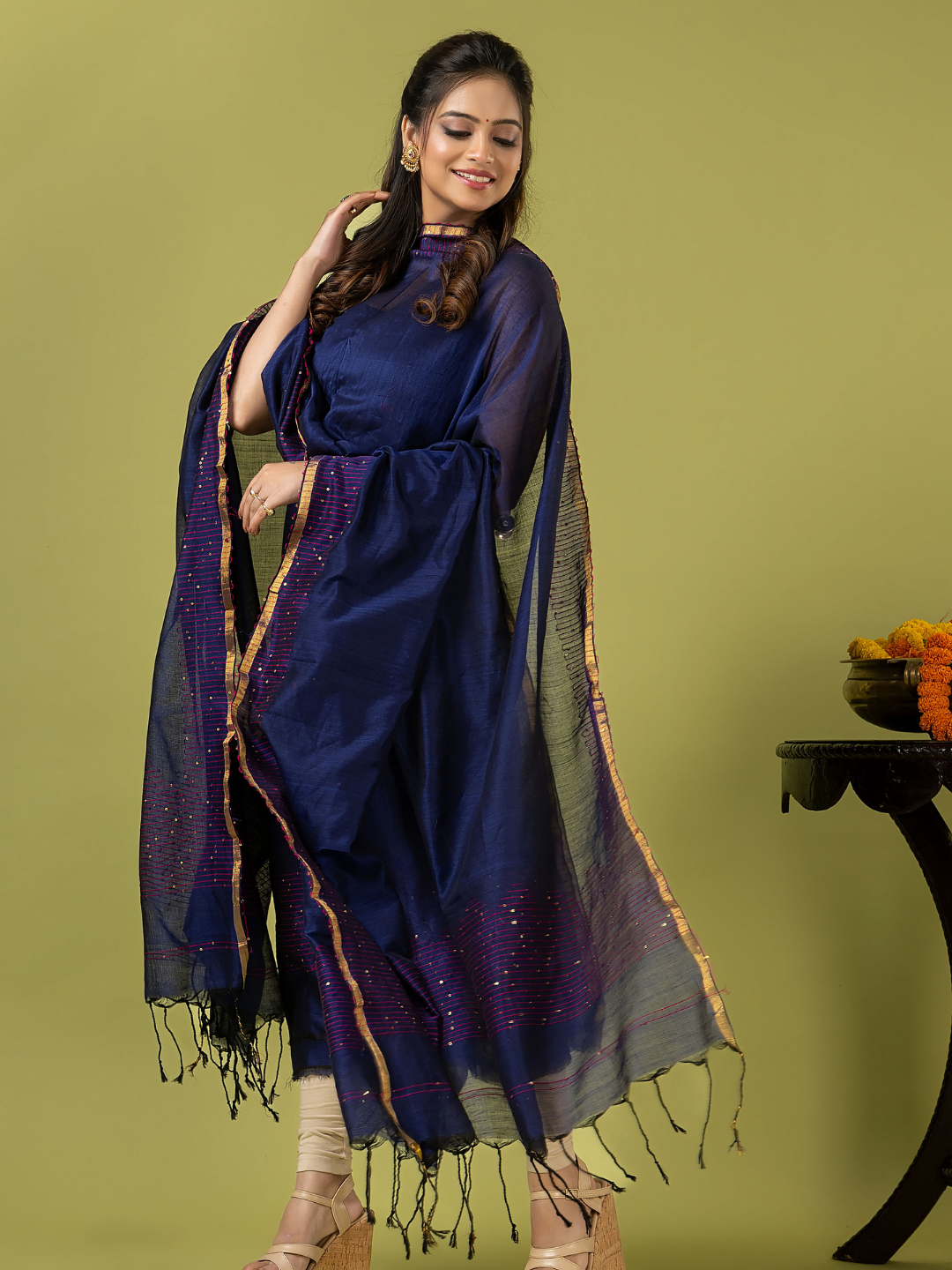 Handwoven Jamdani cotton Unstitched 2-piece Kurti | Deep Navy Blue