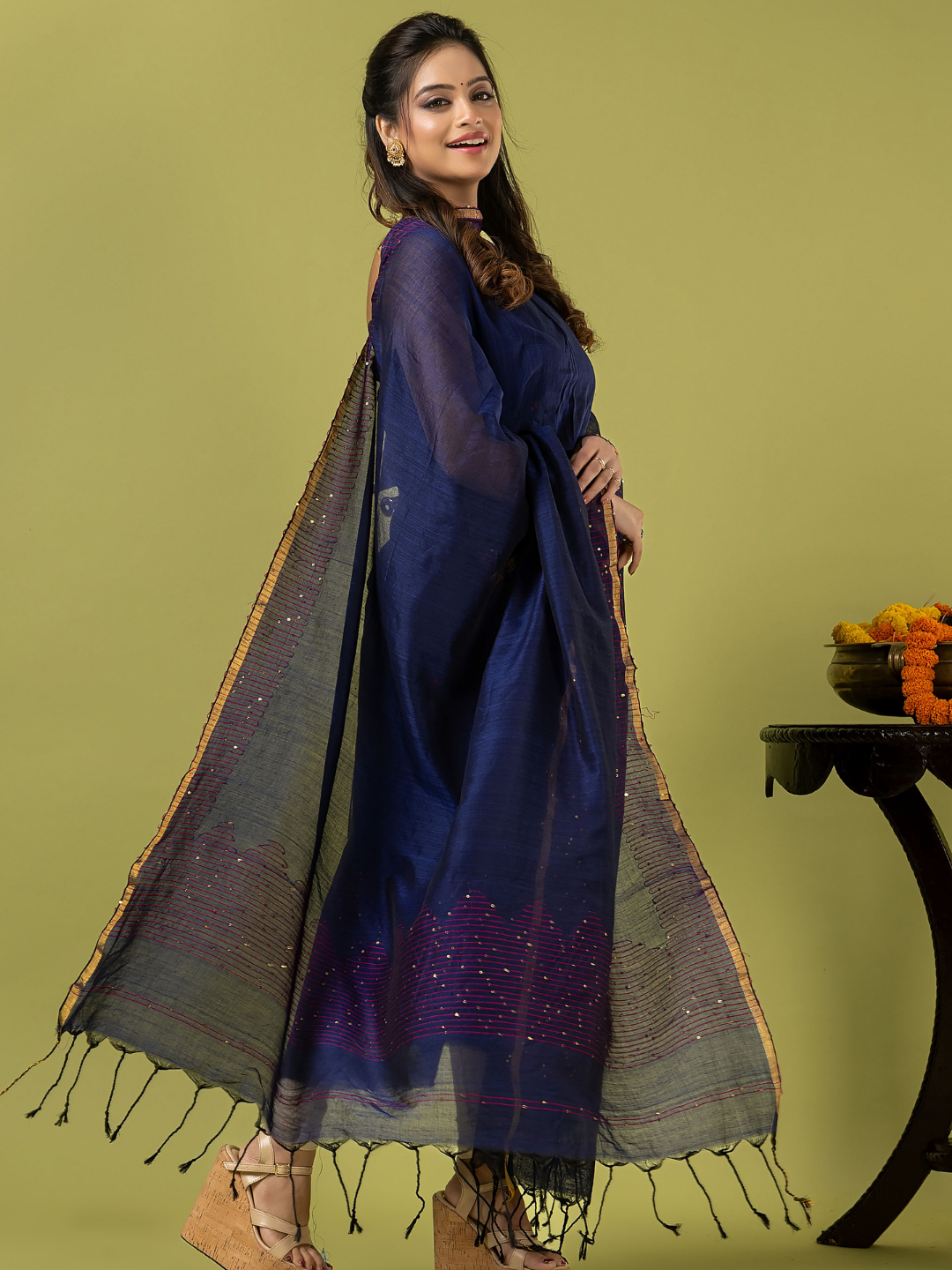 Handwoven Jamdani cotton Unstitched 2-piece Kurti | Deep Navy Blue