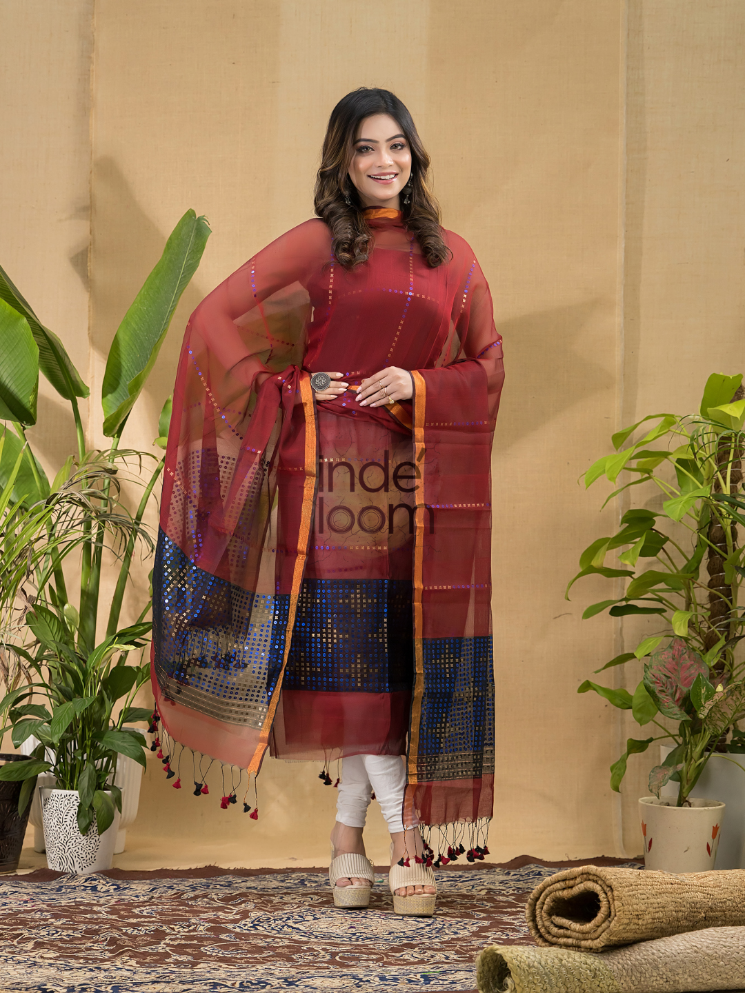 Wine Red Sequin Jamdani 2-Piece Set Kurti & Dupatta (UNSTITCHED) -722