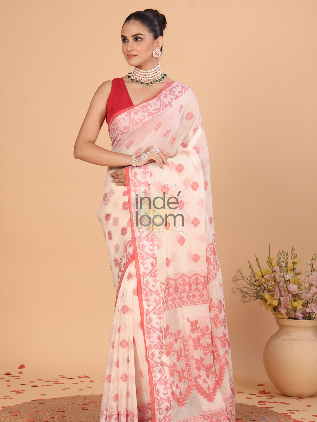 Lal Par Cotton Saree With Cream White - 128
