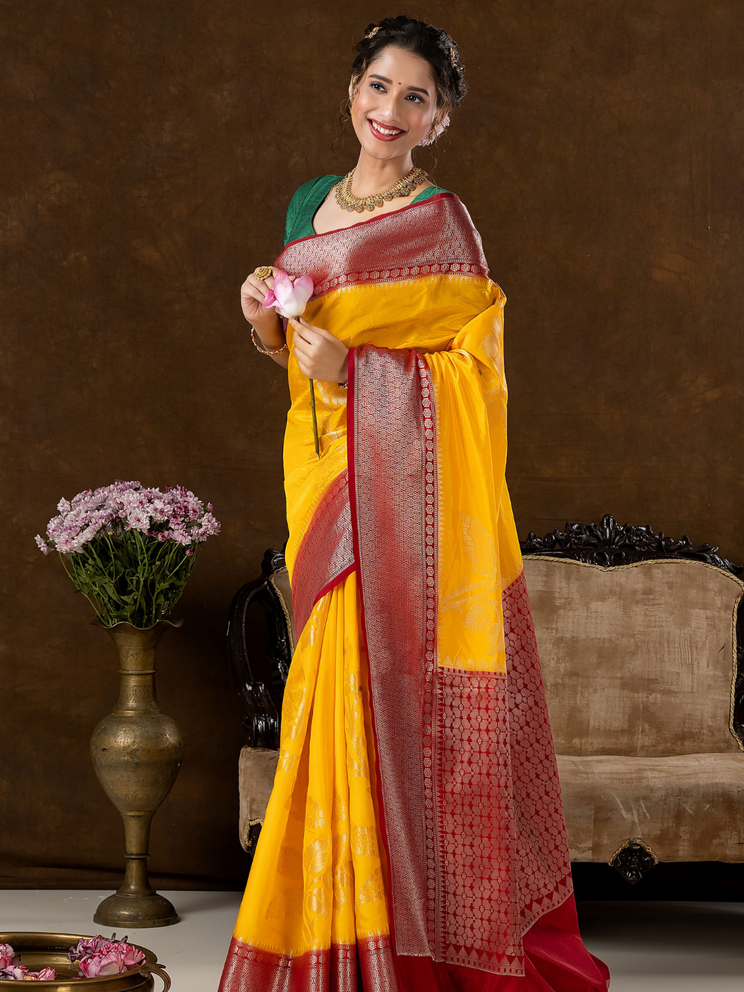 Classic Benarasi Katan Semi Silk Saree | Mustard Yellow