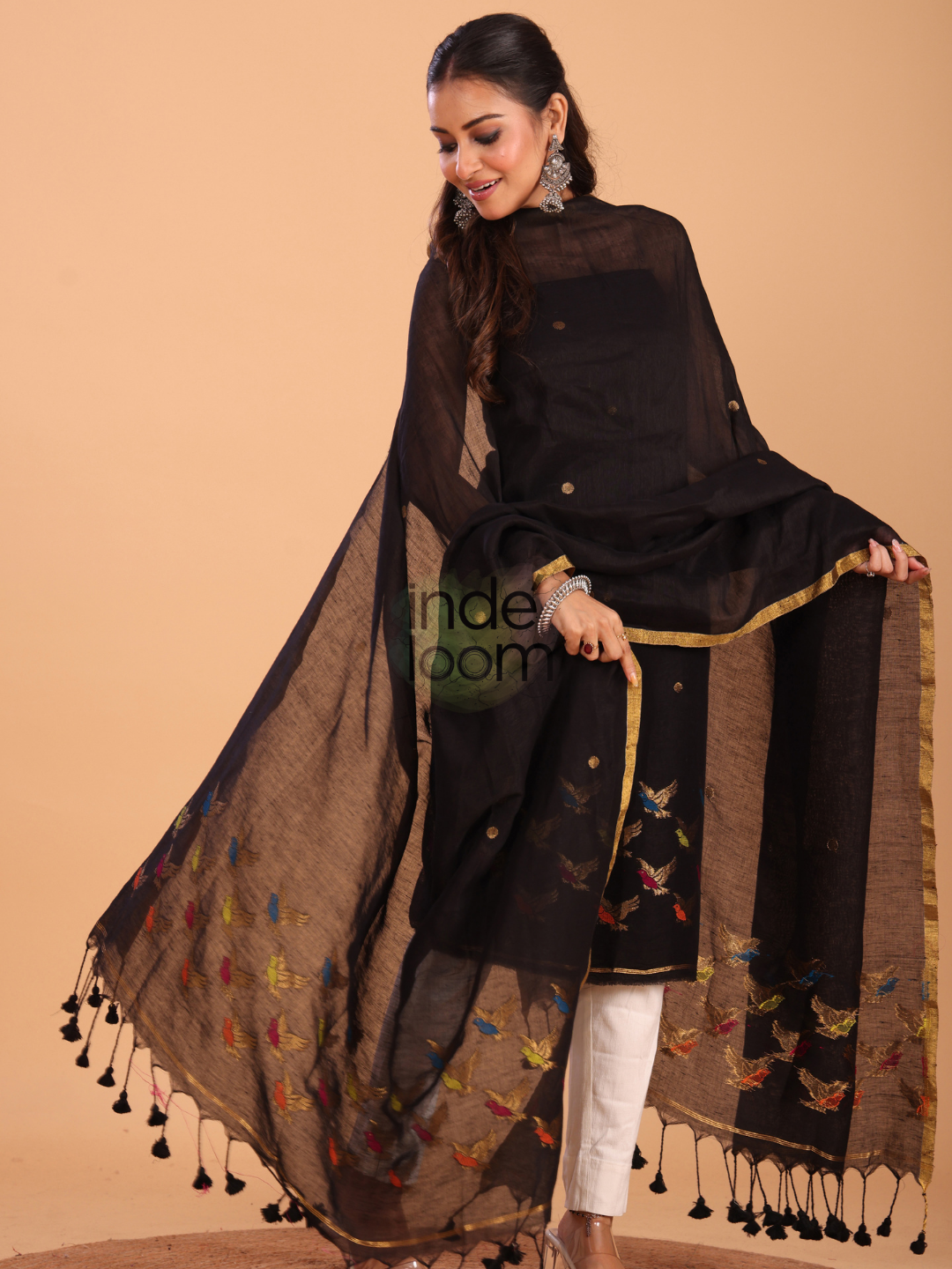 True Black Cotton Linen Jamdani 2-Piece Set Kurti & Dupatta (UNSTITCHED) - 061