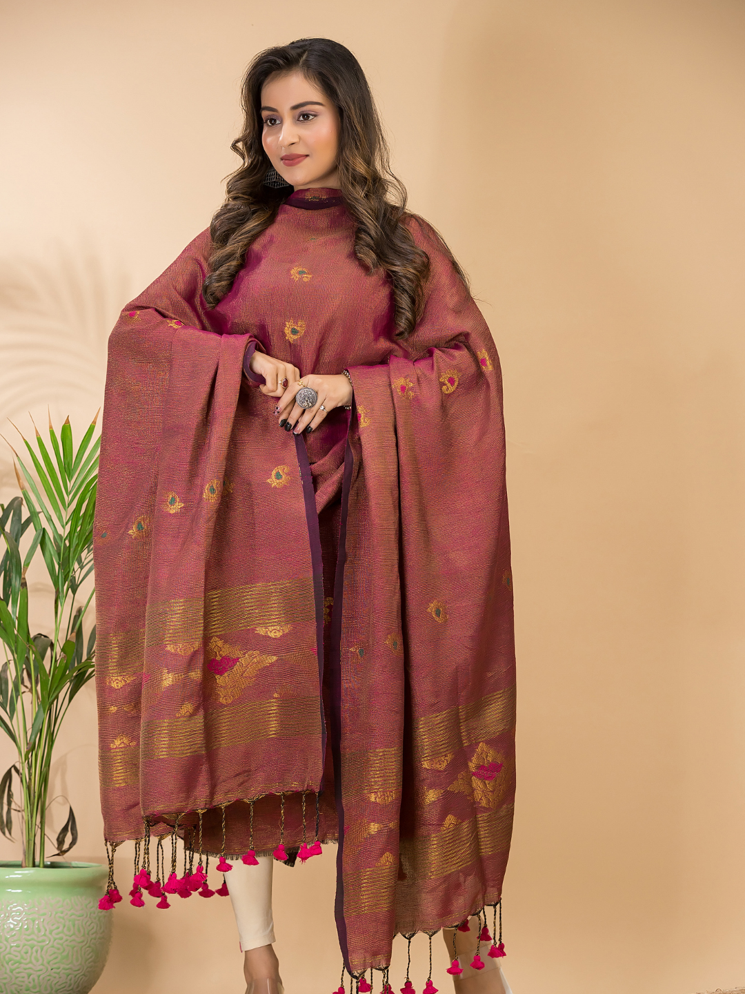 Dusty Brick | Handloom Jamdani Linen Unstitched 2-Piece Kurti | Benaras Design