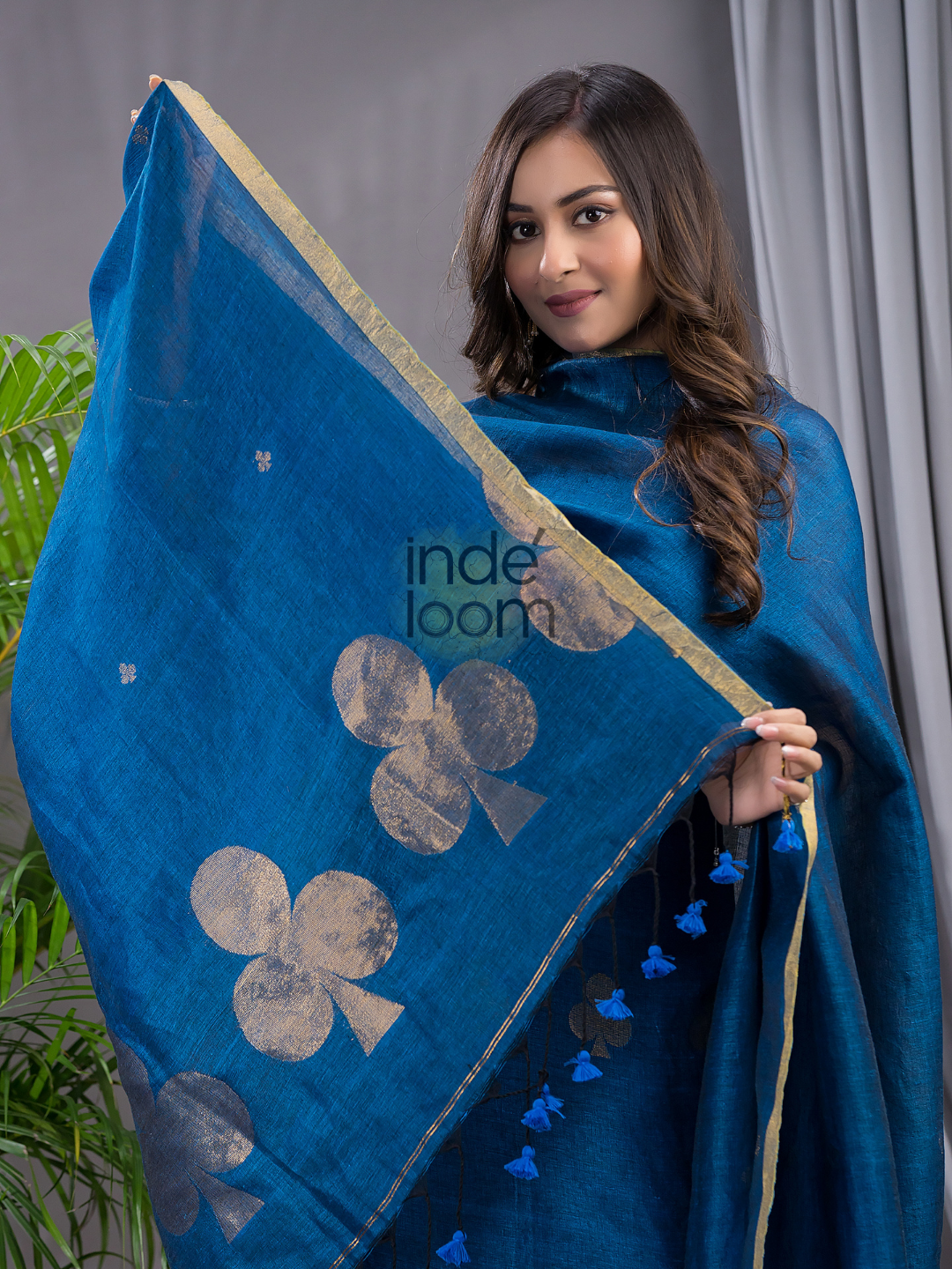 Classic Blue Cotton Linen  2-Piece Set Kurti & Dupatta (UNSTITCHED) - 120