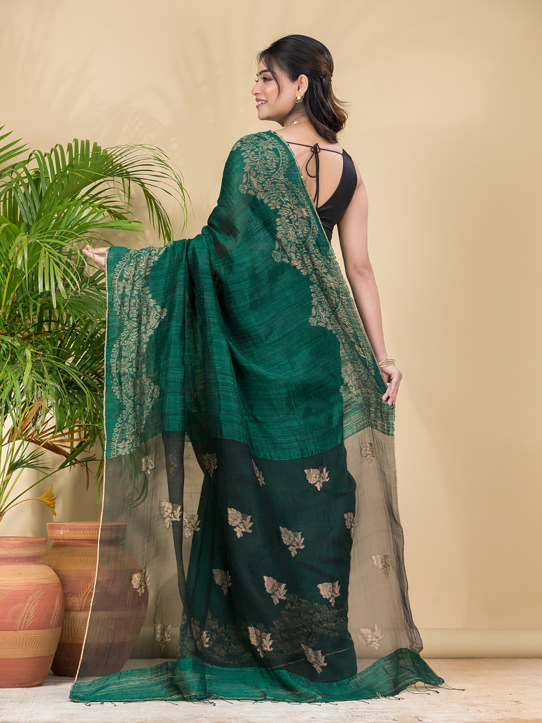 Matka Silk Jamdani Saree With Dark Green - 027