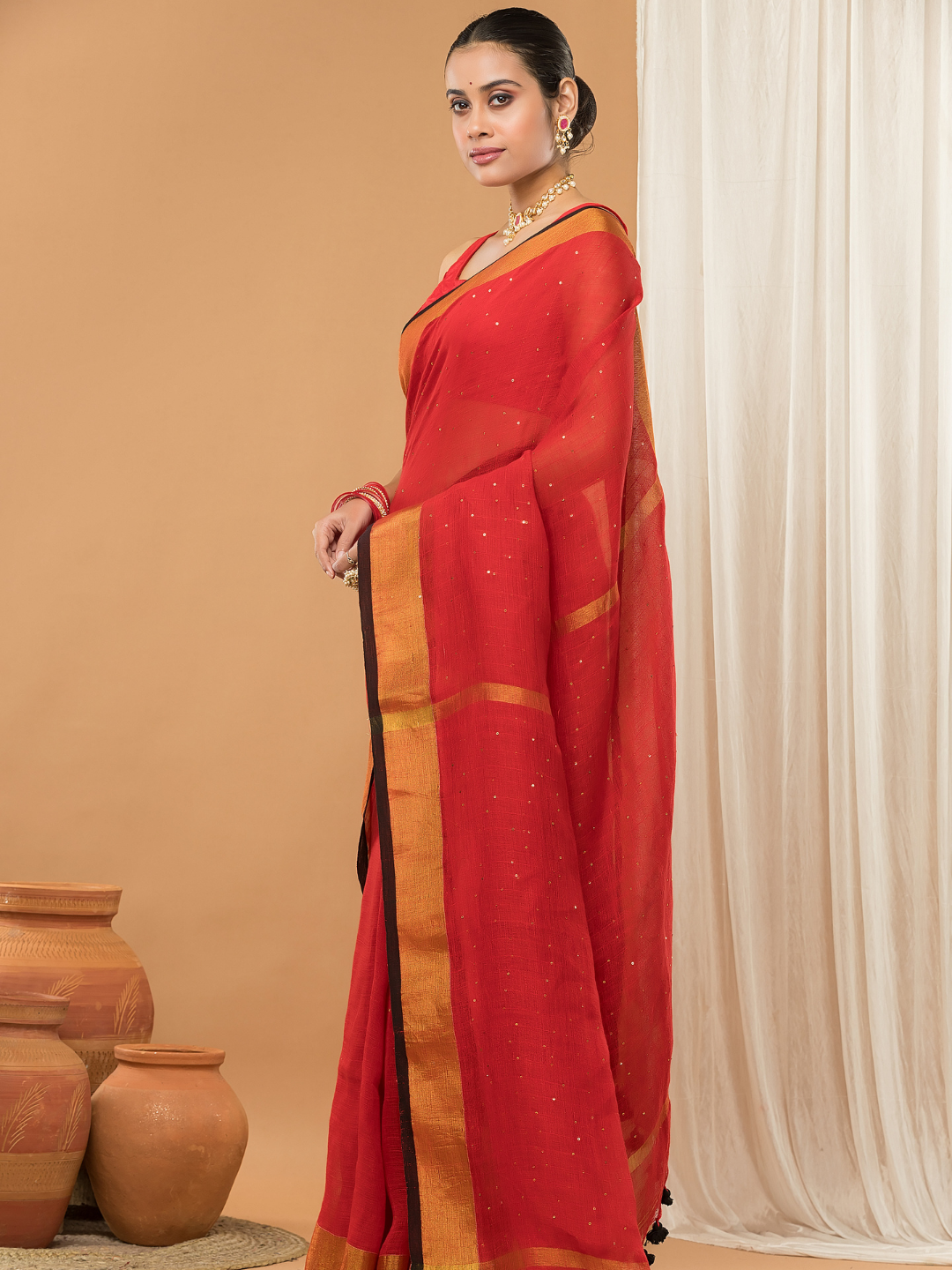 Linen Sequin Jamdani Saree With Apple Red-003