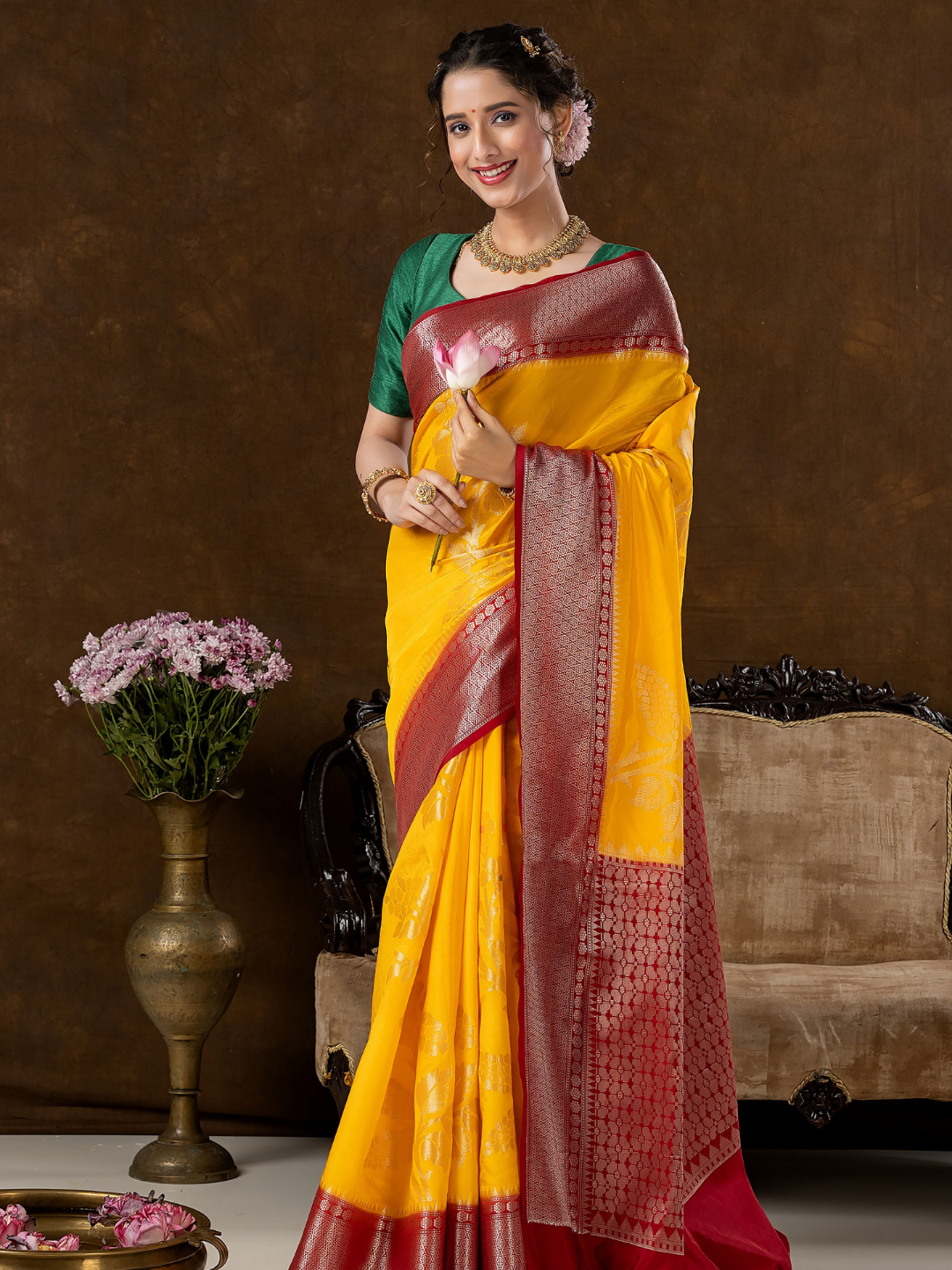 Classic Benarasi Katan Semi Silk Saree | Mustard Yellow