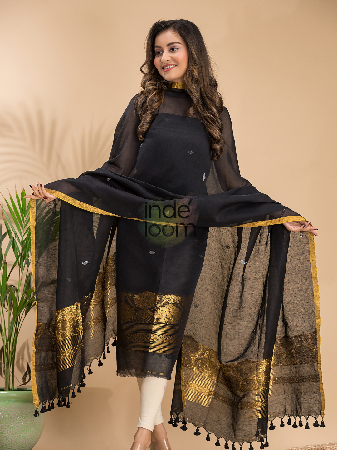 Rich Black Cotton Linen 2-Piece Set Kurti & Dupatta (UNSTITCHED) - 021